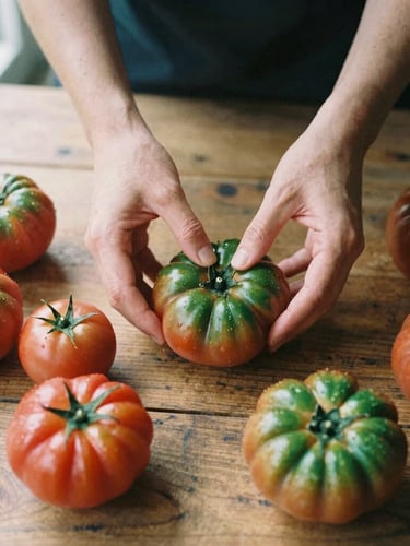 Overhead flat-lay of hands sorting heirloom tomatoes on a rustic wooden table, soft natural window light, deep crimson tones, 35mm film style