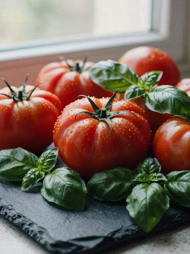 Close-up of vibrant heirloom tomatoes and fresh basil leaves on a dark slate counter, dramatic natural window light, 35mm film style