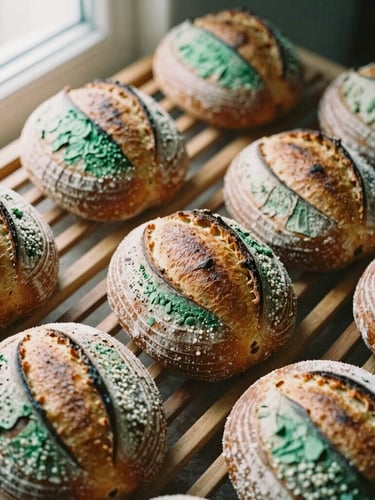 Overhead shot of freshly baked sourdough loaves cooling on a rustic wooden rack, soft natural side-light, 35mm film style