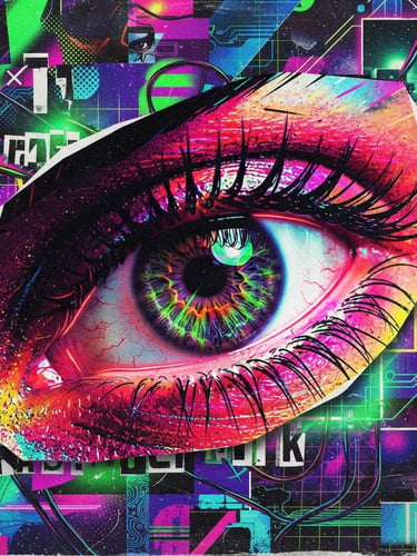 Colagem digital vibrante de um olho humano com reflexos de neon verde e roxo, estilo pop art de alto contraste, elementos gráficos ousados, estética retro-futurista, 35mm, ângulo holandês.