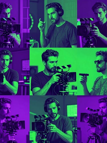 Colagem digital vibrante de um diretor de cinema em um set caótico, com elementos de neon verde e roxo, estilo pop art de alto contraste, 35mm, ângulo holandês, luzes dramáticas.