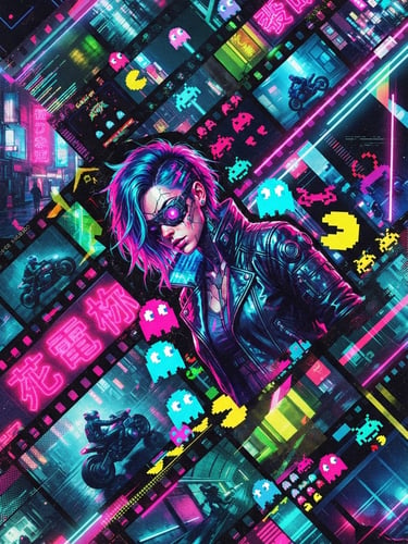 Digital collage of fragmented film stills, vintage arcade game sprites, and abstract neon light patterns, high-contrast pop art style, neon-infused lighting, dramatic shadows, cyberpunk aesthetic, Dutch angle, bleeding to the right edge.