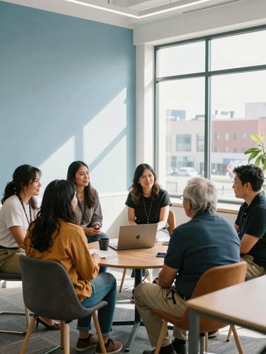 Environmental portrait of Indigenous tech founders collaborating with community elders in a bright modern Winnipeg office, warm natural light, 35mm