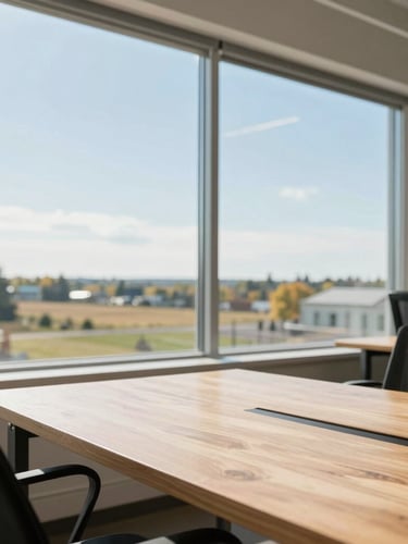 Bright natural daylight photo of a modern tech workspace in Winnipeg, large window showing Manitoba landscape, clean wooden table, 35mm