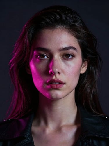 Cinematic portrait of a beautiful woman with neon magenta rim lighting, dramatic studio setting, high contrast dark tones, 85mm