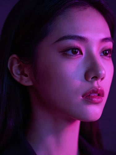 Close-up portrait of a gorgeous model under moody violet and magenta studio lights, looking thoughtfully off-camera, cinematic adult photography