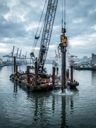 Wide environmental shot of a massive crane barge driving steel piles into the harbor floor at sunrise, industrial crane, water reflections, high-contrast, desaturated steel blues