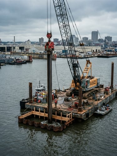 Wide environmental shot of an Alligator Engineering crane barge driving heavy steel piles in Norfolk harbor under overcast coastal daylight