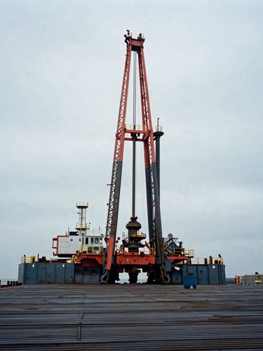 Industrial marine photography of a heavy pile driving rig driving steel sheets into a coastal bulkhead, overcast daylight, desaturated steel blues, 35mm.