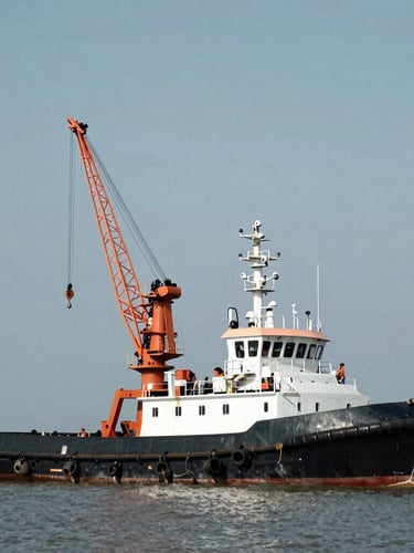 A heavy steel tugboat pushing a loaded crane barge with concrete pilings, high-contrast midday sun, desaturated steel blues