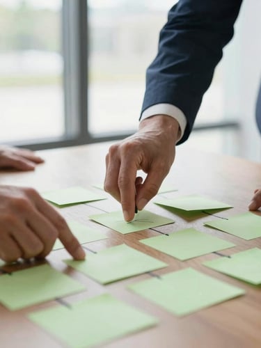 Close-up of hands mapping a business process workflow on a table with sticky notes, natural window light, professional and collaborative atmosphere, 35mm lens.
