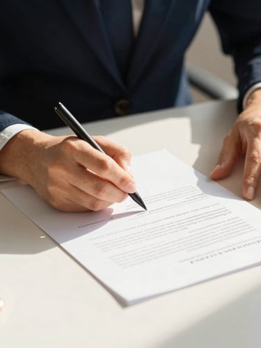 Close-up of hands signing documents on a clean modern desk, warm sunlight, professional setting, shallow depth of field