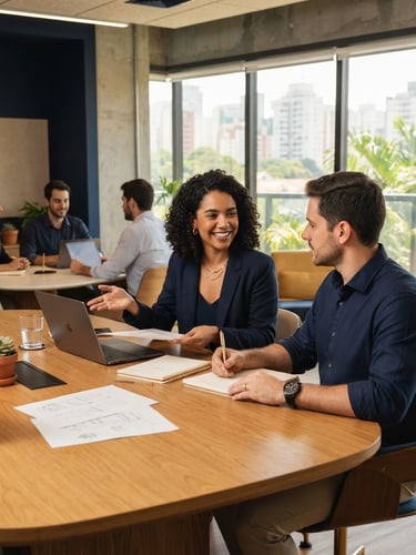 Modern sunlit Brazilian office environment, professional collaborative meeting, bright natural daylight, deep navy and warm gold tones, shallow depth of field