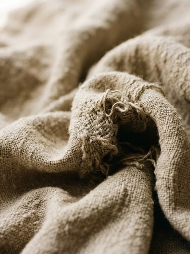 Extreme close-up of heavy-weight draped linen blanket showing deep natural folds and coarse texture, warm afternoon window light, 35mm