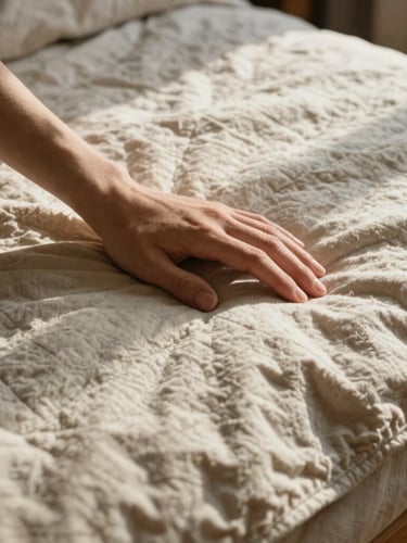 Hands touching raw undyed cotton quilt laid on a low wooden bed, warm low-angle afternoon sun casting deep shadows, macro detail, 35mm