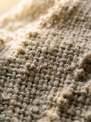 Macro detail shot of coarse, undyed heavy linen fabric, showing thick irregular threads and rich tactile weave under warm afternoon window light, 35mm