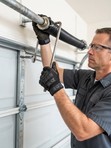 Close-up of a professional garage door technician in a clean uniform, wearing work gloves, carefully replacing a torsion spring on a residential garage door. Bright natural daylight, sharp focus on the hands and tools, clean high-contrast tones.