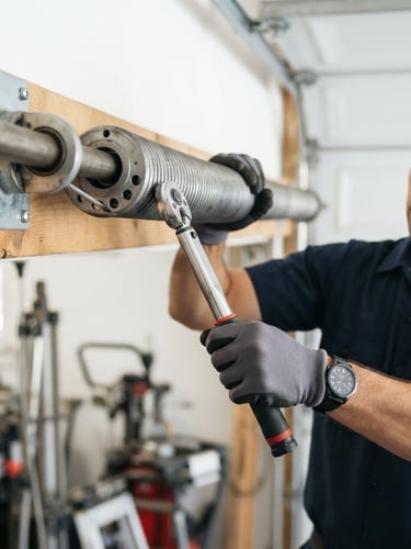 Professional garage door technician in a clean uniform, inspecting a torsion spring with a torque wrench, bright workshop light, focused on the hands and tool.