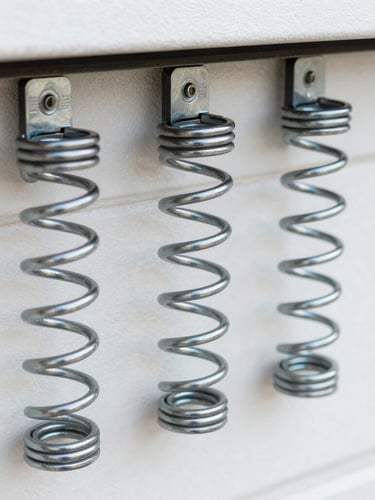 Close-up of new high-cycle steel torsion springs installed on a residential garage door, clean and well-lit, sharp focus on the spring coils.