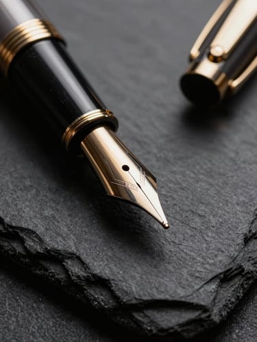 Extreme close-up of a classic fountain pen nib resting on heavy-gauge dark slate paper, dramatic directional lighting, deep shadows.