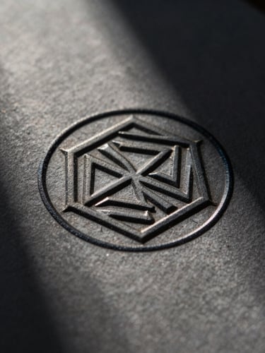 Macro close-up of a heavy-gauge dark paper with a blind-debossed geometric seal, sharp directional light casting deep shadows, high-contrast chiaroscuro.