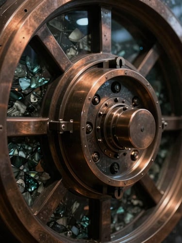 Macro close-up of a heavy-gauge obsidian vault door mechanism, low-key chiaroscuro lighting, sharp metallic edges catching directional bronze light, deep shadows.