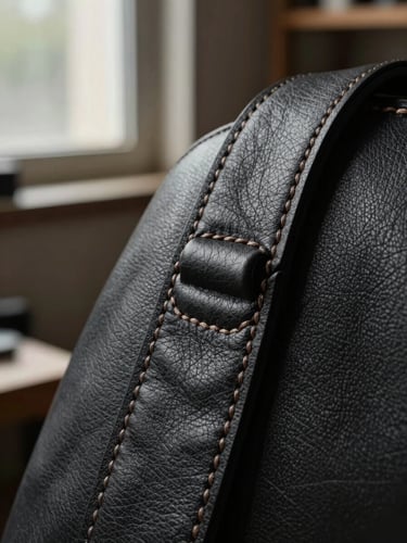 Macro photograph of hand-stitched seams on heavy charcoal leather, dramatic side lighting from a workshop window highlighting the texture of the thread and grain.