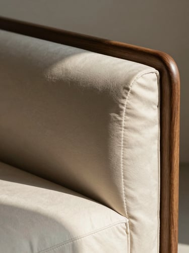 A close-up of tight, hand-stitched silk upholstery on a curved walnut frame, soft directional north-facing daylight casting deep shadows, minimalist background.