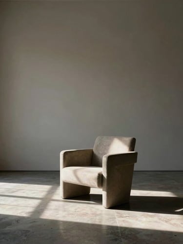 A tall portrait of a minimalist, high-ceilinged gallery room. A single sculptural armchair sits isolated in directional north-facing daylight, casting a long shadow on the stone floor.