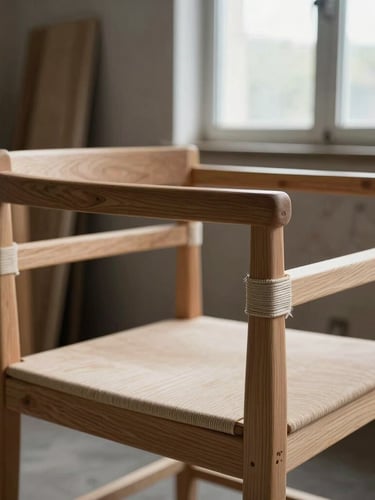 A close-up of an exposed solid beechwood armchair frame, showcasing complex double-dowelled joints and linen webbing held under extreme tension, soft directional daylight from a single workshop window.