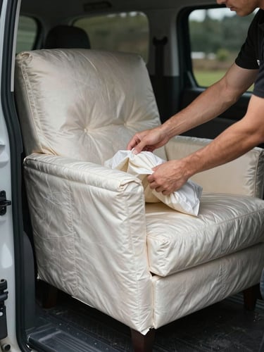 A close-up of hands carefully wrapping a bespoke silk-upholstered armchair in protective, padded archival textiles inside a clean, secure transport vehicle.
