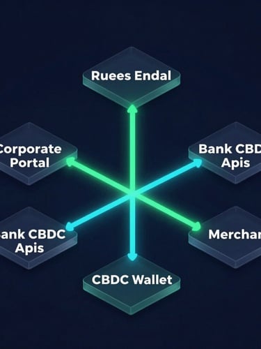 Detailed schematic diagram illustrating Kubbera's platform architecture, showing connections between Corporate Portal, Rules Engine, Bank CBDC APIs, CBDC Wallet, and Merchant systems. Glowing emerald and cyan lines represent data flow on a dark navy background, clean geometric glassmorphism, isometric perspective.