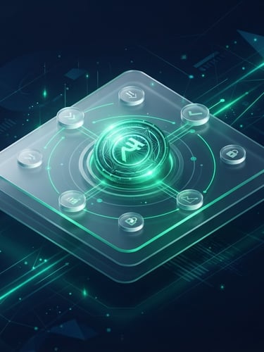 Sleek 3D render of an employee digital wallet interface, displaying a programmable digital rupee token with an emerald green glow, dark navy background, glassmorphism elements, isometric perspective. Focus on clarity and secure transaction details. No text.