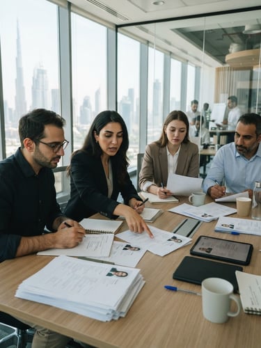 Professional corporate office setting in Dubai with bright natural daylight, a focused team reviewing international candidate profiles, editorial depth of field