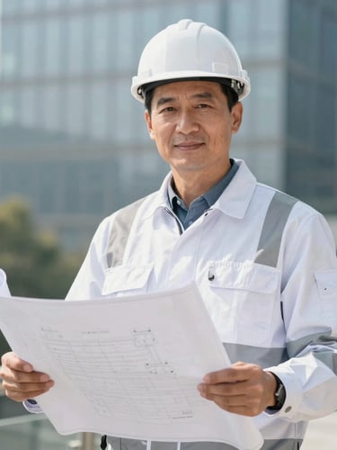 Dignified portrait of a technical engineer in clean safety gear holding a blueprint, bright natural daylight, professional corporate photography, clean high-contrast tones.