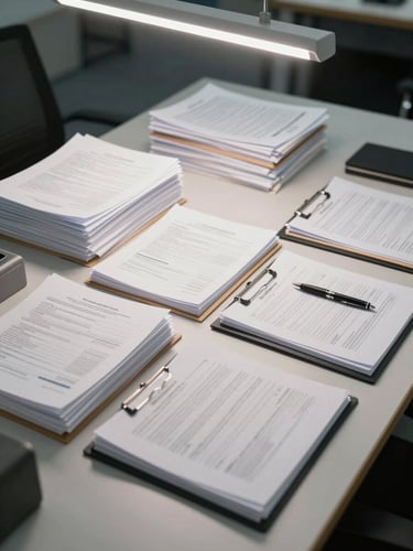 Wide shot of an organized professional desk from slightly above, documents and forms arranged in neat stacks, a pen resting on an open file folder, overhead office lighting, clean and orderly institutional workspace