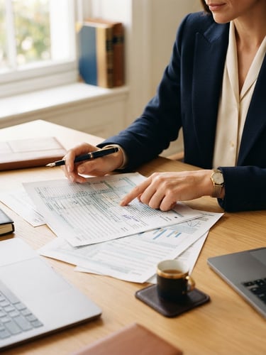Hands of a professional in a navy suit reviewing structured tax documents on a clean wooden desk, soft natural window light, elegant atmosphere, 35mm.