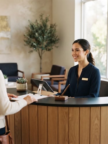 Elegant medium-close up of a modern medical clinic reception desk, soft natural window light, warm interior architectural accents, minimalist design, shallow depth of field, 35mm