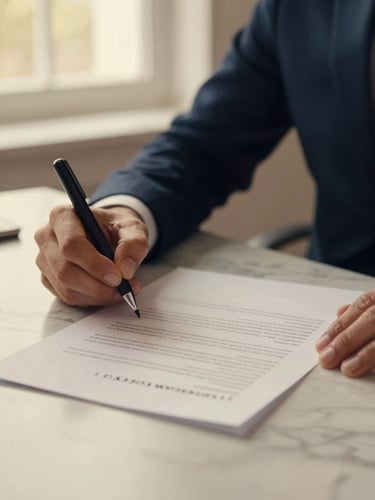 Close-up of hands signing a high-quality paper document on a clean marble desk, soft natural window light, warm gold and deep navy tones, shallow depth of field, 35mm