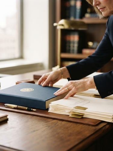 Elegant close-up of a lawyer's hands arranging high-quality legal documents on a dark oak desk, warm architectural side lighting, shallow depth of field, 35mm