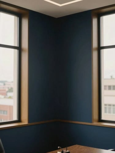 Symmetrical interior of a modern, sophisticated law office in Maringá, large windows showing soft natural daylight, minimalist decor, deep navy and gold accents, 35mm