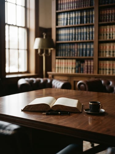 Warm editorial photography of a prestigious law office interior, soft window light reflecting on a dark wood table, leather-bound books in the background, shallow depth of field, 35mm