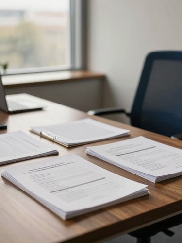 Meticulously organized modern office environment with soft natural window light, elegant wooden table with structural documents, warm professional atmosphere, shallow depth of field, 35mm