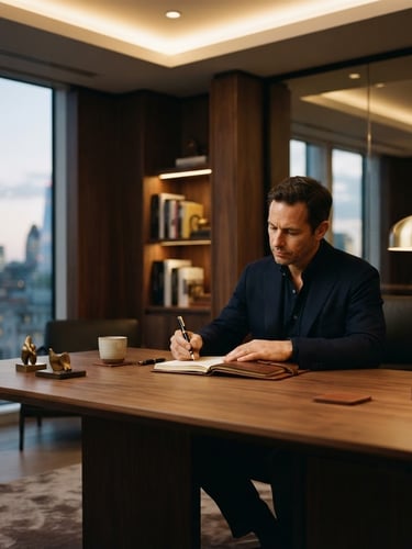 Elegant modern office interior with dark wood and warm architectural lighting, shallow depth of field, 35mm photography