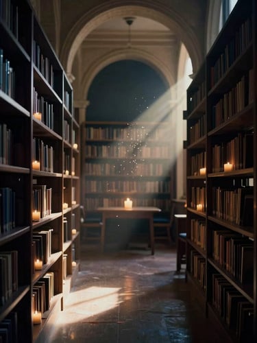 Quiet, empty library sanctuary, soft light filtering through architectural arches, dust motes dancing in golden hour sunbeams, moody editorial photography, 35mm