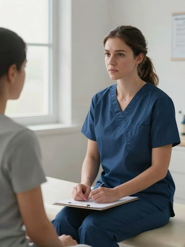 Female physiotherapist seated across from a patient in a clean clinic room, listening attentively with calm focus, clipboard resting on her knee, daylight from a side window, no smiles — genuine clinical concentration