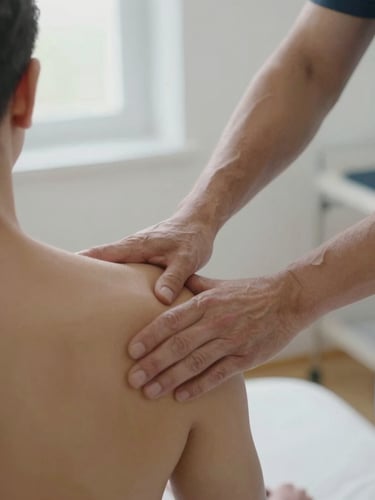 Close-up of a physiotherapist's hands performing shoulder palpation on a patient seated on a clinical table, daylight through a clinic window, neutral white wall, precise and calm