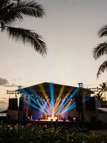 Dramatic wide-angle outdoor concert stage at dusk in the Seychelles, professional blue and gold lighting beams cutting through tropical air, palm silhouettes on the margins, medium format film style