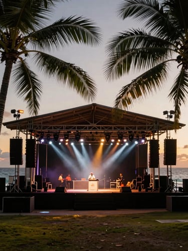 Dramatic outdoor concert stage at dusk in Seychelles, professional lighting beams cutting through palm trees, rich saturated ocean tones.