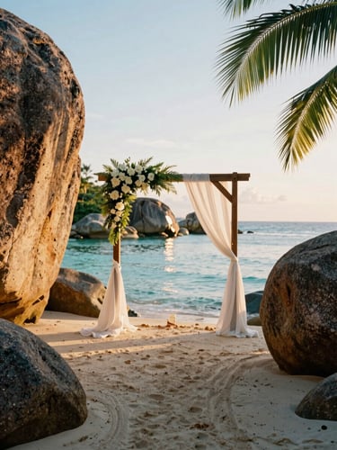 An elegant beach wedding arch framed by dramatic granite boulders at golden hour, warm tropical light reflecting off calm turquoise water, medium format photography.